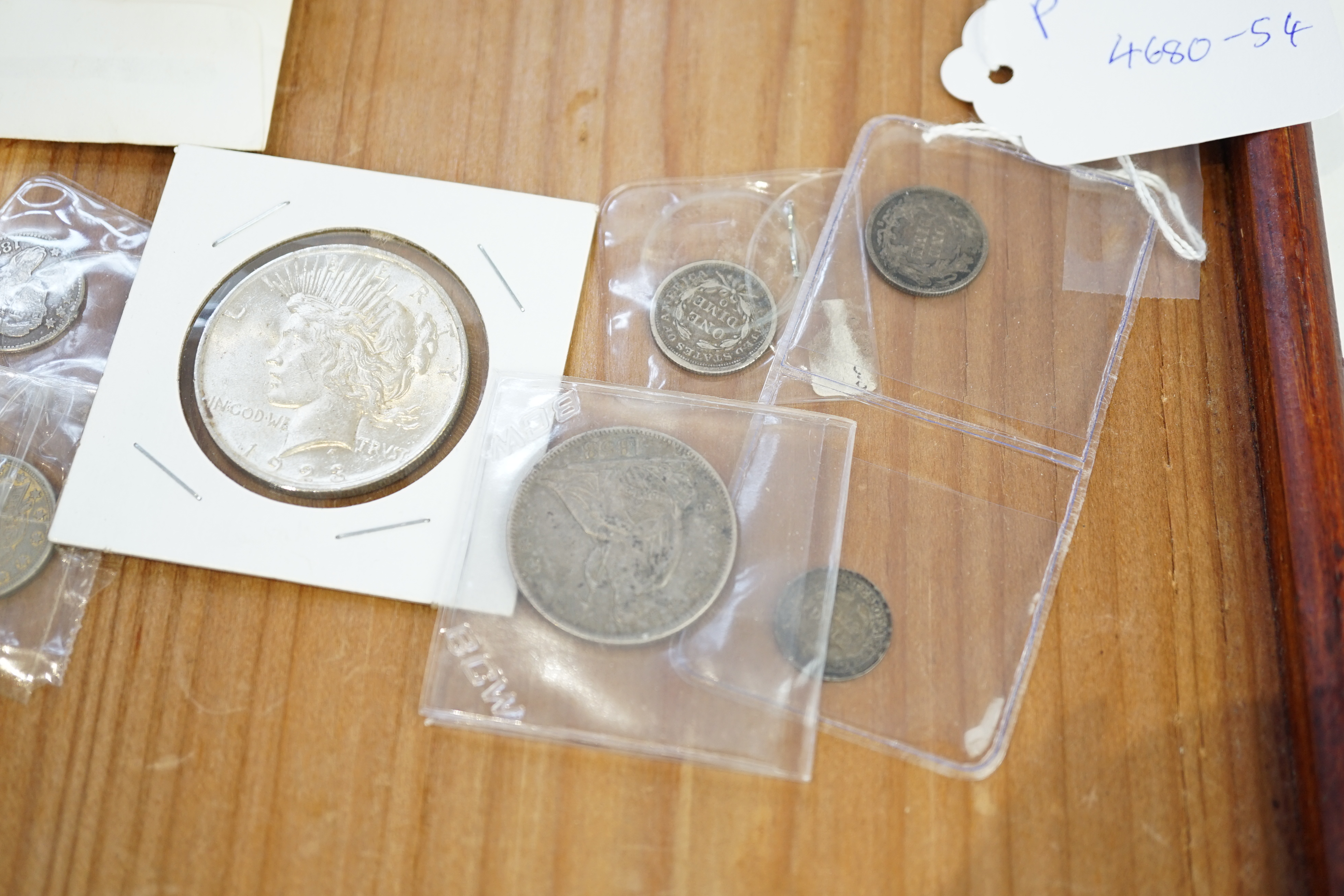 USA coins, to include silver eagle dollar 2013 in PCGS slab, 1858O half dollar, good VF, various dimes, half dimes, one cents together with five US silver certificate $1 notes banknotes (three series 1935E and two 1957B)